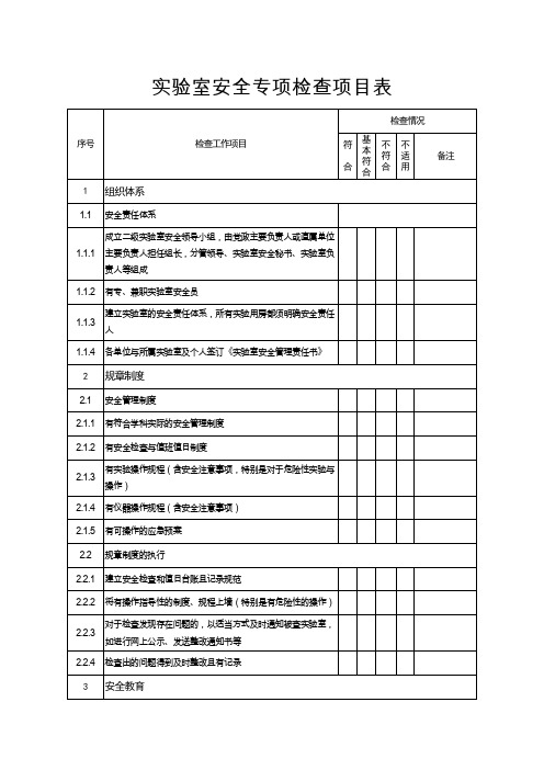 实验室安全专项检查项目表