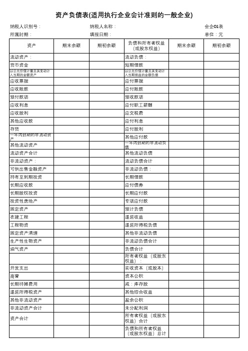 资产负债表(适用执行企业会计准则的一般企业)