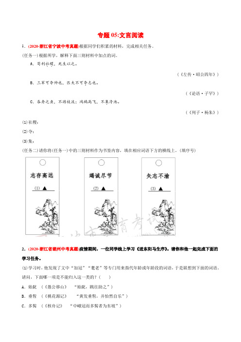 专题05文言阅读-2020年中考语文真题分专题训练(浙江专版)(学生版)