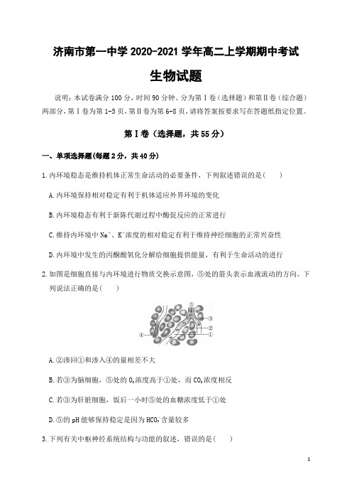 2020-2021学年山东省济南市第一中学高二上学期期中考试生物试题 Word版