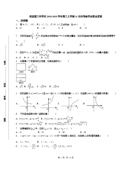 和县第三中学校2018-2019学年高三上学期11月月考数学试卷含答案