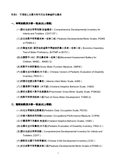 附表6可填報之兒童功能成效各項專業評估量表一、物理治療（至少擇