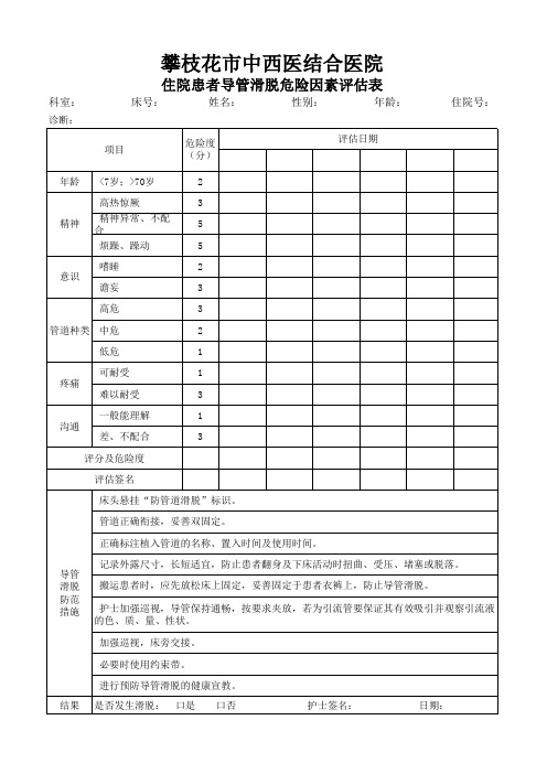 导管滑脱危险评估表 