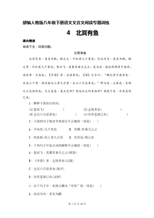 部编人教版八年级下册语文文言文阅读专题训练：北冥有鱼(含答案)