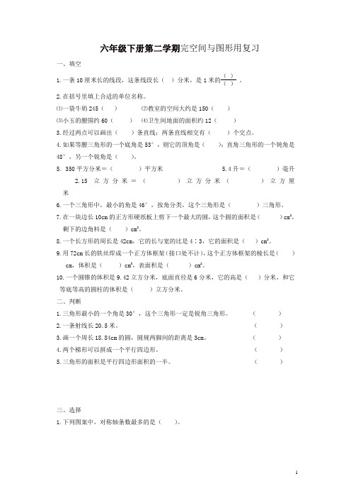 新人教版人教版六年级数学下册空间与图形复习题