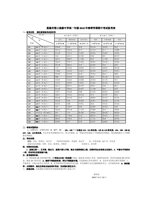 高一年级2015年春季学期期中考试监考表