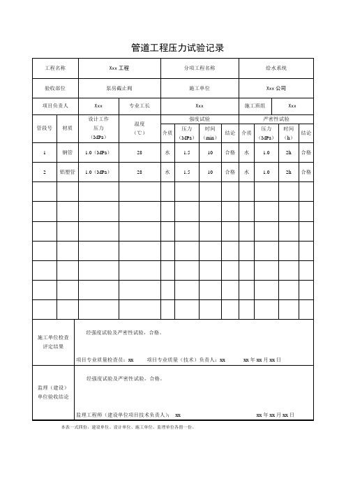 管道工程压力试验记录