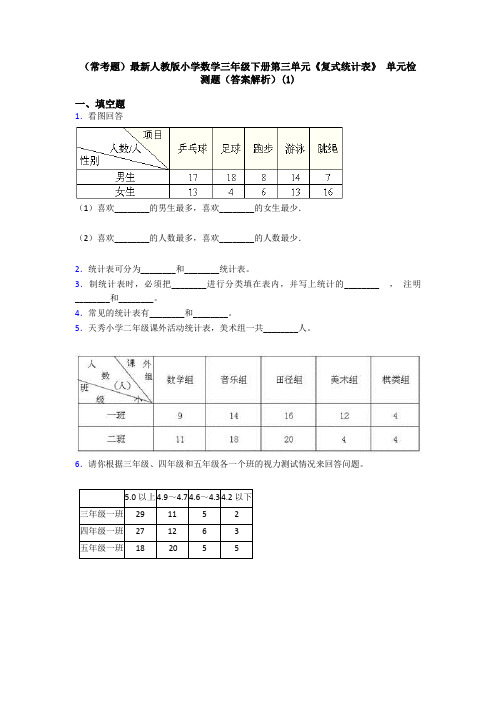 (常考题)最新人教版小学数学三年级下册第三单元《复式统计表》 单元检测题(答案解析)(1)