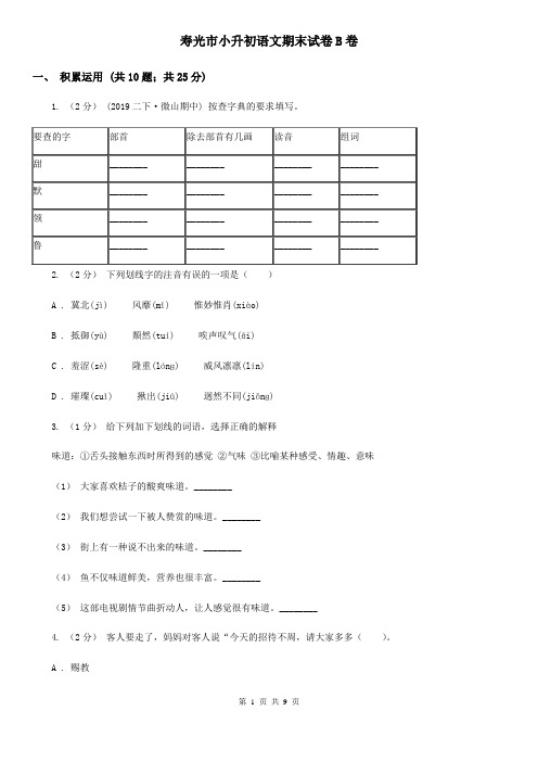 寿光市小升初语文期末试卷B卷