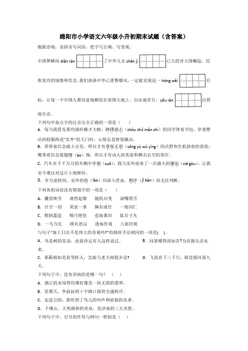 绵阳市小学语文六年级小升初期末试题(含答案)