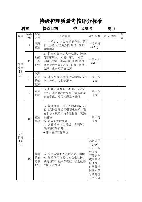 特级护理质量考核评分标准