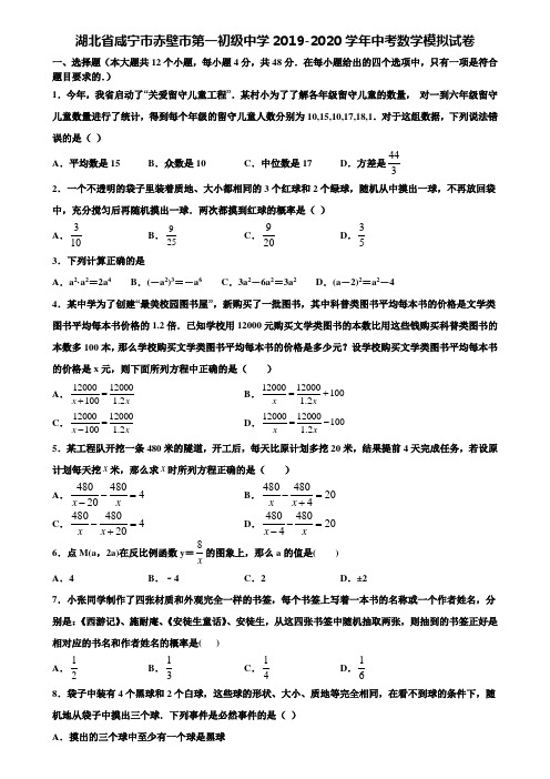 【附20套中考模拟试题】湖北省咸宁市赤壁市第一初级中学2019-2020学年中考数学模拟试卷含解析