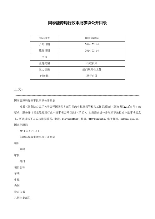 国家能源局行政审批事项公开目录-