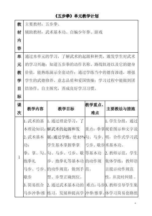 五步拳单元教学计划-2022-2023学年高一上学期体育与健康人教版必修第一册