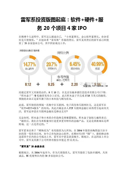 雷军系投资版图起底：软件+硬件+服务 20个项目4家IPO