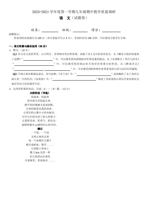 安徽省芜湖市部分学校2023-2024学年九年级上学期期中语文试题(含答案)