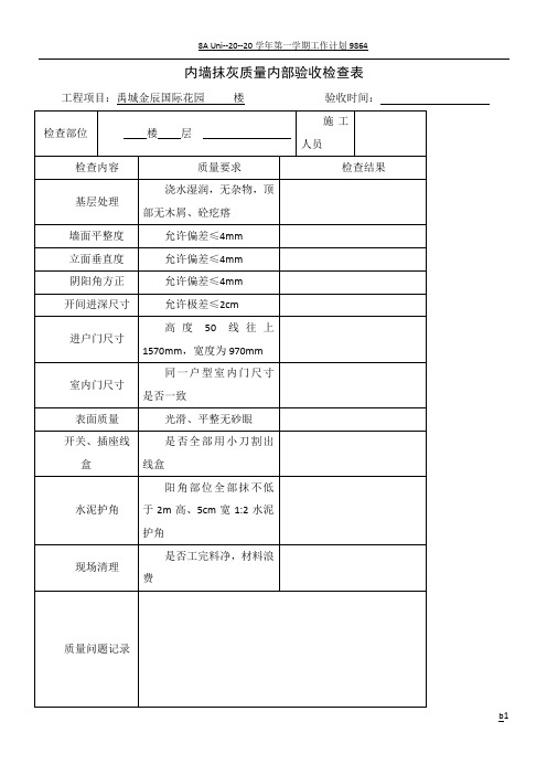 内墙抹灰质量控制检查表