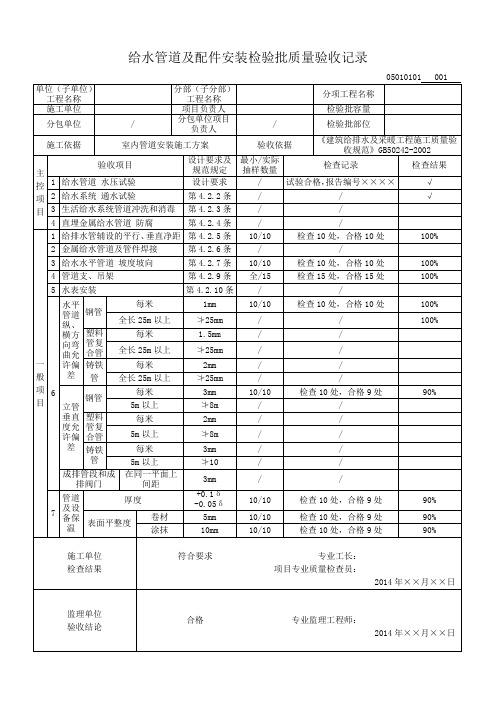 给水管道及配件安装检验批质量验收记录