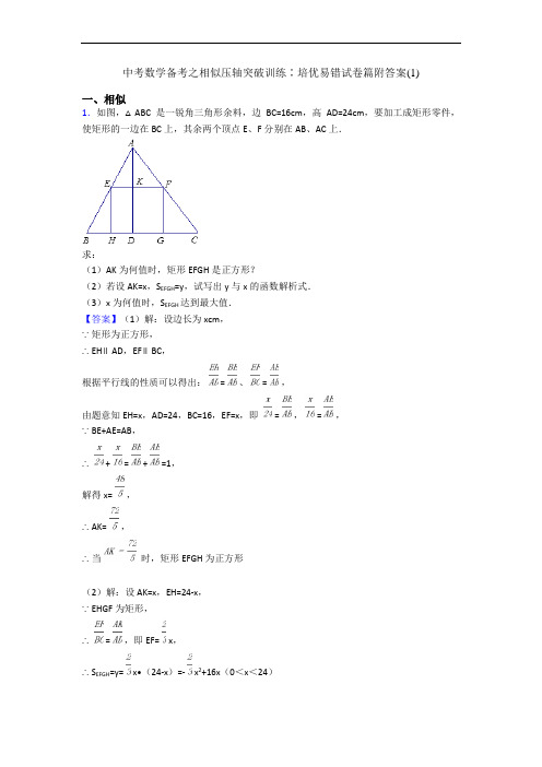 中考数学备考之相似压轴突破训练∶培优易错试卷篇附答案(1)