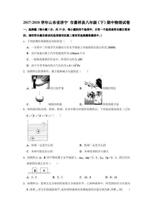 2017-2018学年山东省济宁市嘉祥县八年级(下)期中物理试卷(有答案含解析)