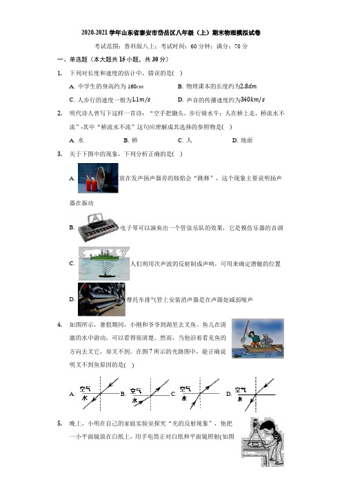 2020-2021学年山东省泰安市岱岳区八年级(上)期末物理模拟试卷word解析版