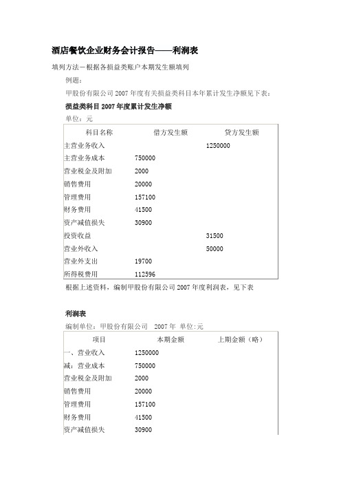 酒店餐饮企业财务会计报利润表