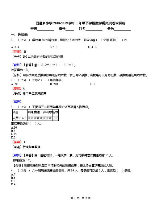 促进乡小学2018-2019学年二年级下学期数学模拟试卷含解析