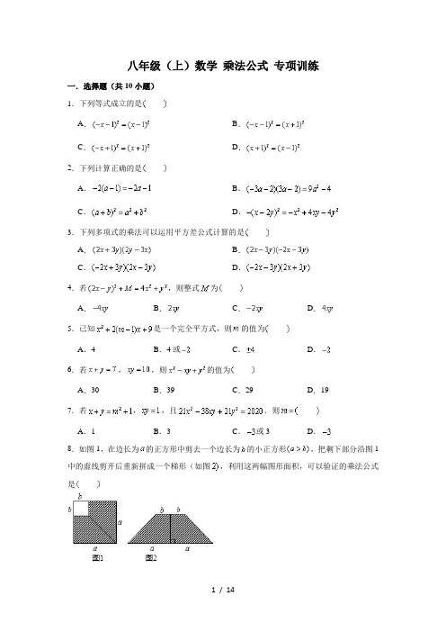 人教 版 八年级上册数学14.2 乘法公式 专项练习 