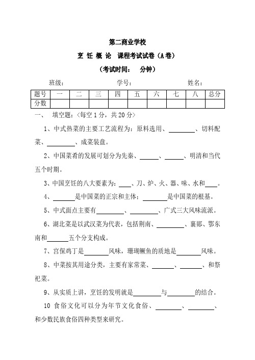 烹饪概论 课程考试试卷+礼貌礼节课程期末试卷