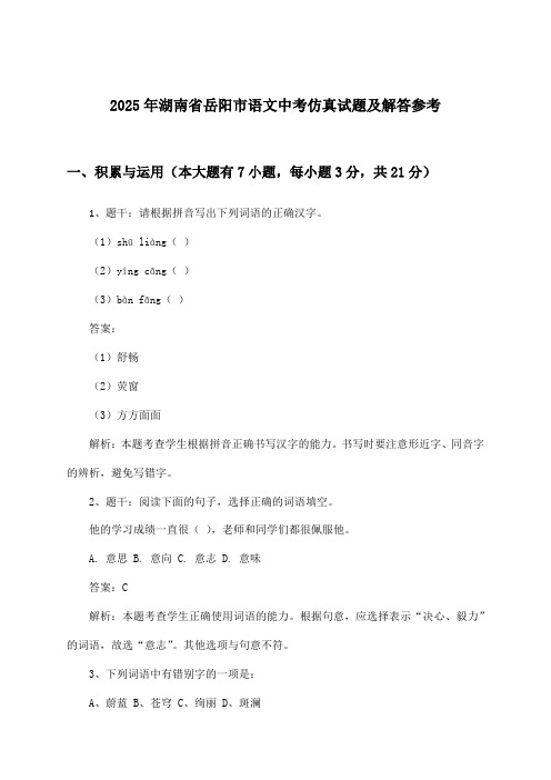 2025年湖南省岳阳市中考语文试题及解答参考