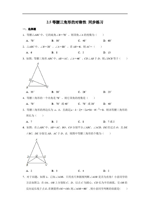 苏科版八年级上册数学 2.5等腰三角形的对称性 同步练习(含解析)