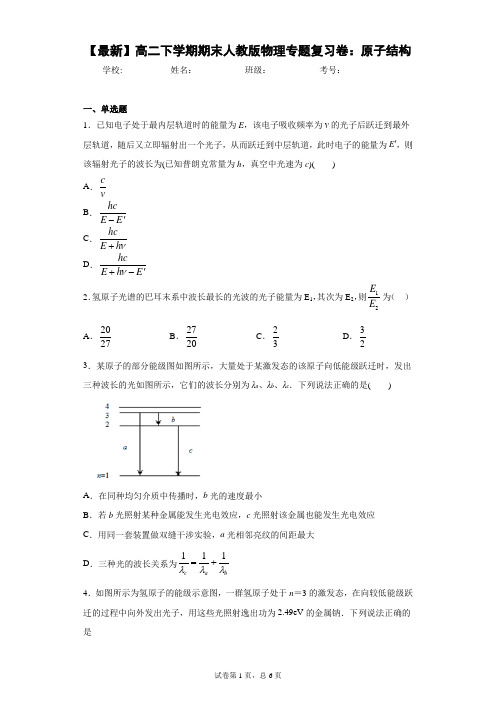 2020-2021学年高二下学期期末人教版物理专题复习卷：原子结构含答案解析