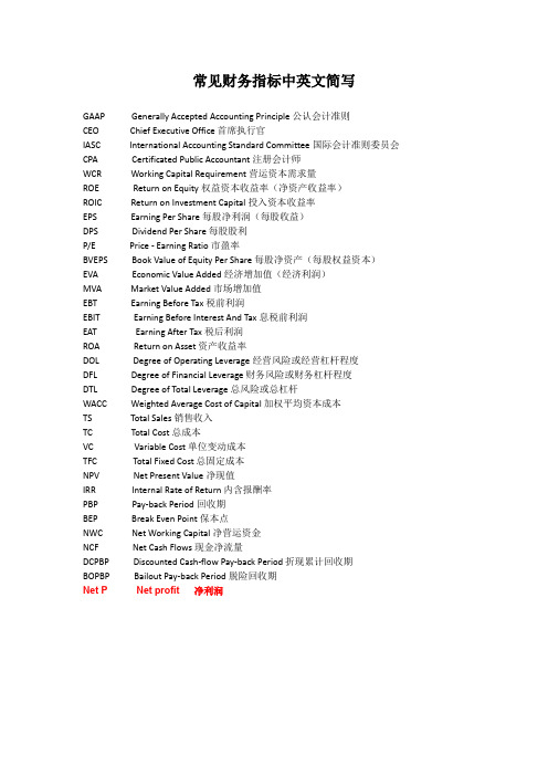 常见财务指标中英文简写