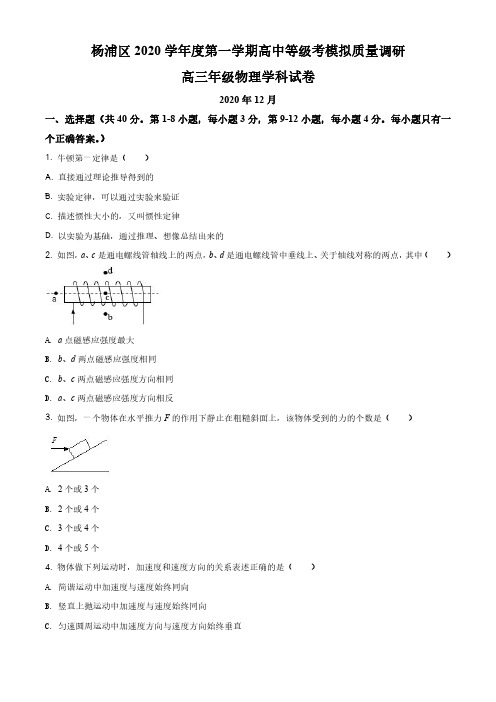 2020-2021学年上海市杨浦区高三等级考一模物理卷 精解版