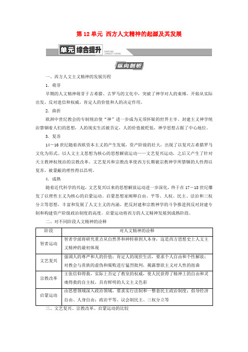 2021高考历史一轮复习第12单元西方人文精神的起源及其发展单元综合提升教学案新人教版