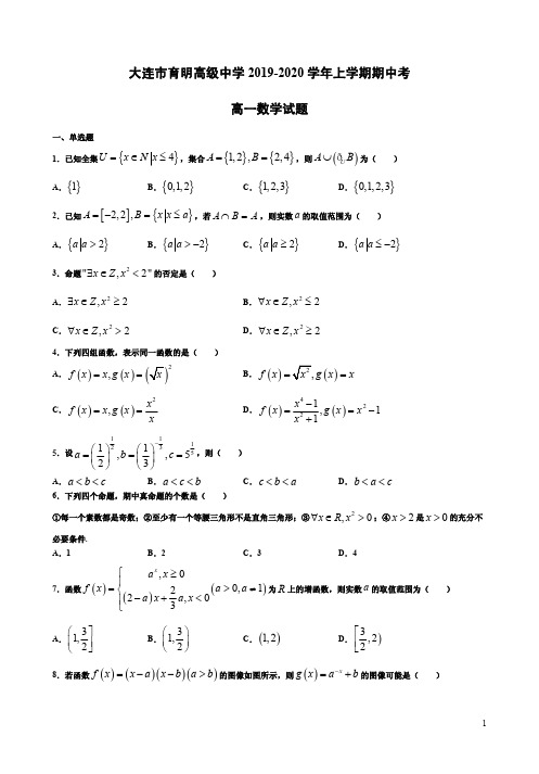 大连市育明高级中学2019-2020学年上学期高一数学期中考试卷附答案解析