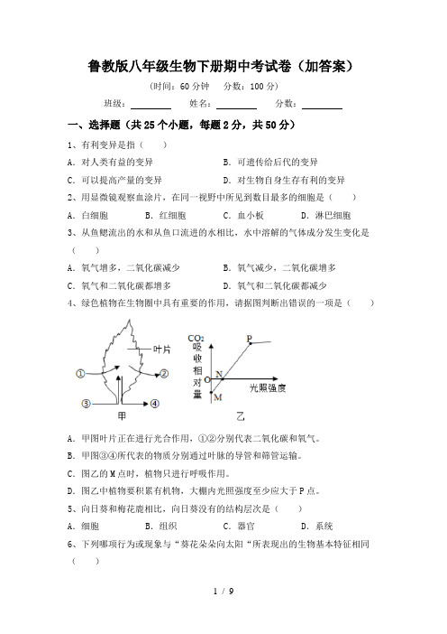 鲁教版八年级生物下册期中考试卷(加答案)