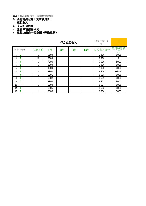 2019个人所得税运算模拟excel版