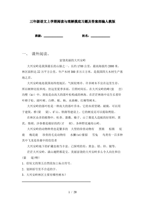 三年级语文上学期阅读与理解摸底习题及答案部编人教版