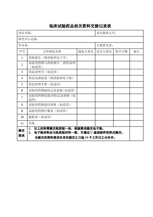 临床试验药品相关资料交接记录表