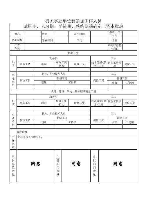 机关事业单位新参加工作人员试用期、见习期、学徒期、熟练期满确定工资审批表