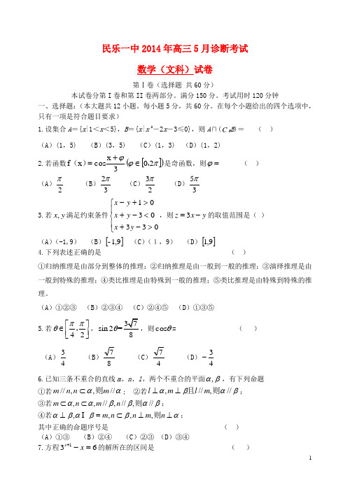 甘肃省张掖市民乐一中高三数学5月诊断考试试题 文 新人教A版