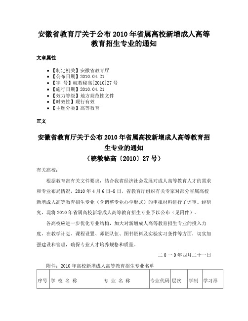 安徽省教育厅关于公布2010年省属高校新增成人高等教育招生专业的通知