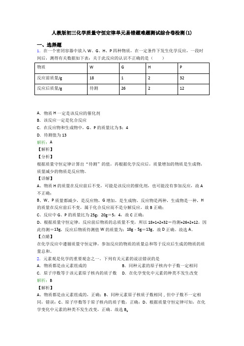 人教版初三化学质量守恒定律单元易错题难题测试综合卷检测(1)