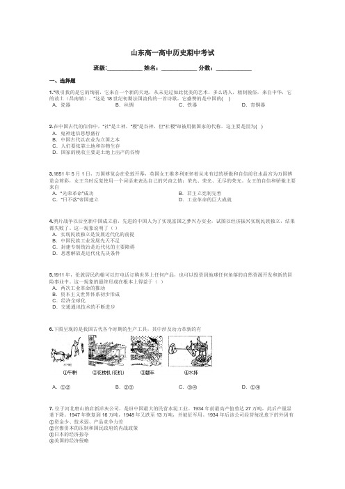 山东高一高中历史期中考试带答案解析
