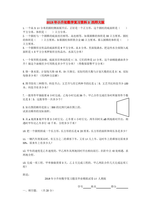 2019年小升初数学复习资料3 西师大版