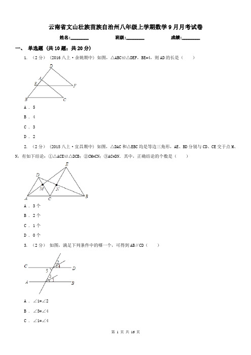 云南省文山壮族苗族自治州八年级上学期数学9月月考试卷