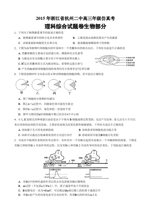 2015年浙江省杭州二中高三年级仿真考理综生物试题(word版含答案)