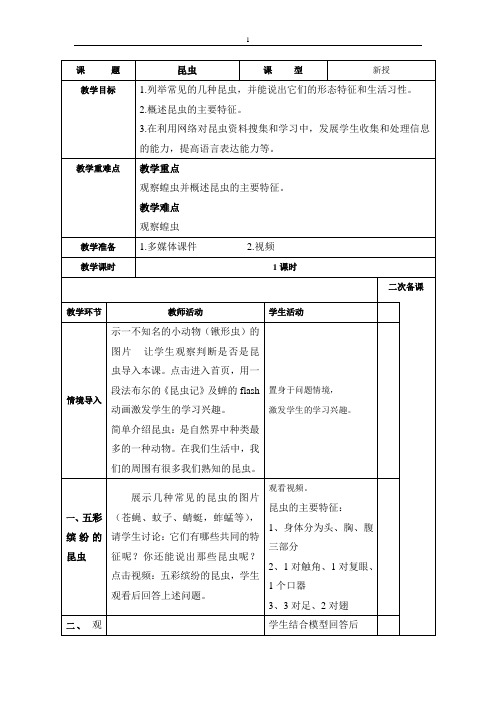 苏科版生物七年级下册 5.12.2 昆虫 教案