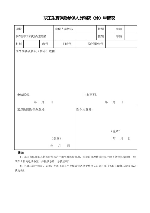 职工生育保险参保人员转院(诊)申请表